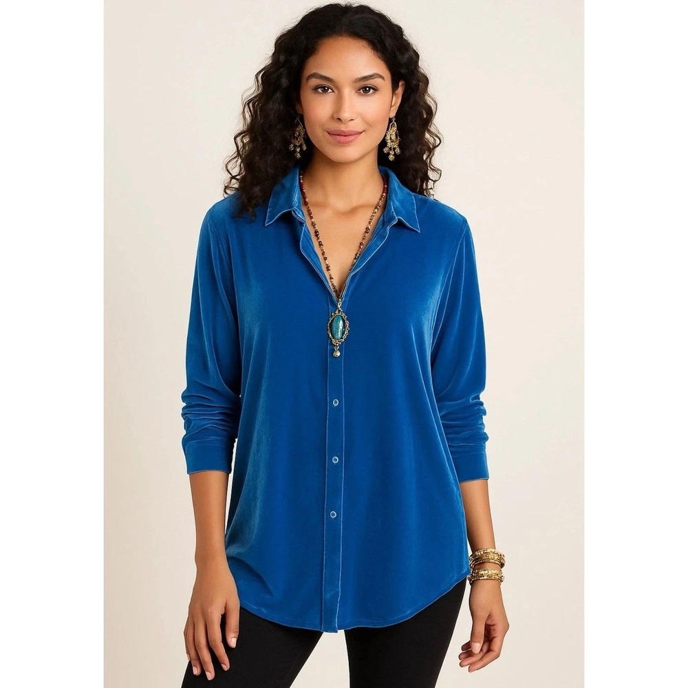 Soft Surroundings Womens Boyfriend Velvet Button Down Shirt L Blue Luxe‎ Elegant